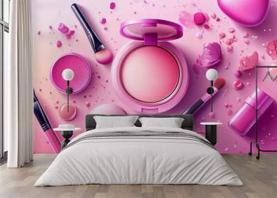 A vibrant assortment of pink makeup products arranged artistically on a soft gradient background for beauty and cosmetic lovers Wall mural