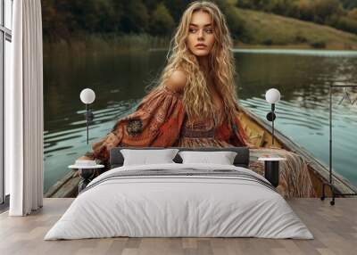 A young woman in a flowing dress sits elegantly in a wooden boat on a calm lake surrounded by greenery during sunset Wall mural