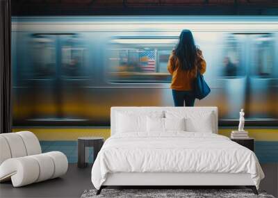 A young woman stands at a subway platform as a train glides past, creating a dynamic scene with colorful reflections and motion Wall mural