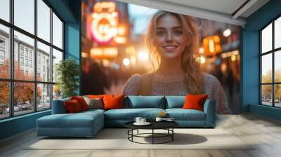 A young woman with a warm smile holds her phone in a vibrant city street illuminated by neon lights during dusk Wall mural