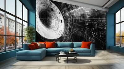 Abstract depiction of a cosmic vortex with intricate patterns and writings, conveying a sense of depth and movement in a dark, monochrome setting Wall mural