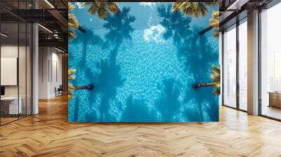 Aerial view of a serene swimming pool surrounded by palm trees on a sunny day Wall mural