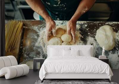 Baker preparing fresh dough for bread on a wooden surface in a rustic kitchen during daylight hours Wall mural