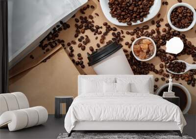 Blank brown kraft paper pouch bag with coffee beans and paper cup for your design Wall mural