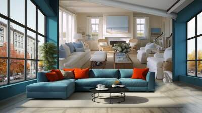 Bright coastal living room with light furnishings and ocean-themed decor in a serene beach house setting Wall mural