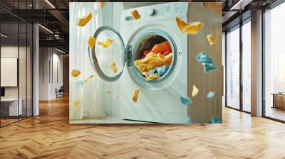 Bright laundry in an open washer with colorful clothes being tossed during a sunny day at home Wall mural