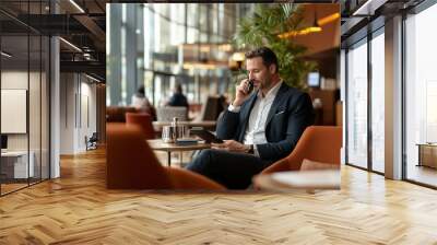 Businessman in a modern cafe engaging in a phone call while reviewing documents on a tablet during daytime hours Wall mural