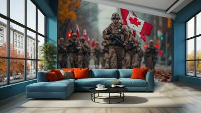 Canadian soldiers march proudly while waving flags along a city street in the fall, showcasing their dedication and teamwork Wall mural