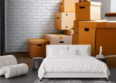 Close up of moving carton boxes in an empty room Wall mural