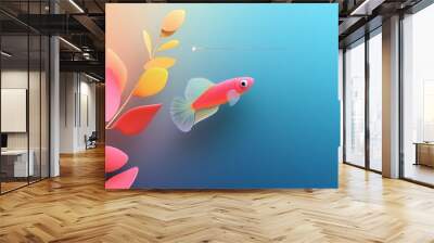 Colorful fish swimming among vibrant leaves in a tranquil underwater environment during a bright, serene day Wall mural