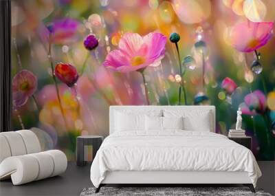 Colorful flowers with raindrops glisten in a sunlit garden during springtime early in the morning Wall mural