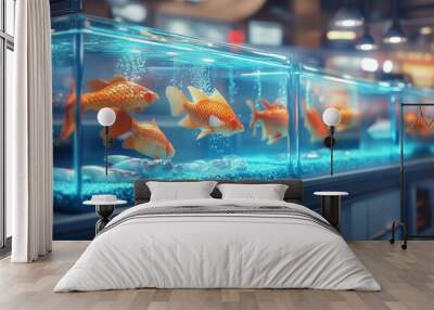 Colorful goldfish swimming in a vibrant aquarium at a bustling pet store during the day Wall mural