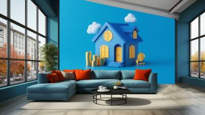 Colorful model house with coins and stacks on a blue background depicting savings and investments for future home buyers Wall mural