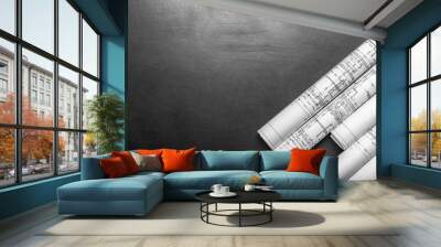 Construction planning drawings on black background Wall mural