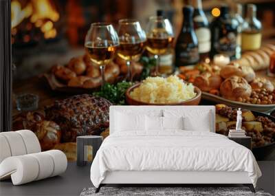 Cozy autumn feast featuring roasted meats, baked goods, and wine by the fireplace Wall mural