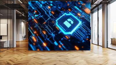 Digital lock symbol surrounded by blue and orange circuitry illustrating cybersecurity technology concept in a modern digital environment Wall mural