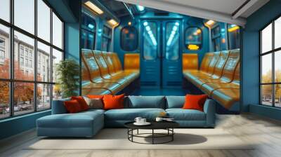 Empty Subway Car Seats With Blue Interior and Closed Doors at Night Wall mural