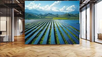 Expansive Solar Panel Array Under Bright Blue Skies in Mountainous Landscape Wall mural