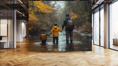 Family fishing trip in a tranquil stream surrounded by autumn foliage on a cloudy day Wall mural