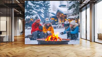 Friends enjoy a cozy winter evening together around a fire in a snowy outdoor location during a festive holiday season Wall mural