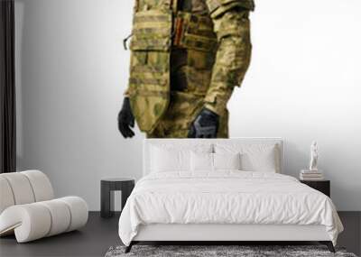 Full length portrait of man soldier wearing ammunition on white background Wall mural