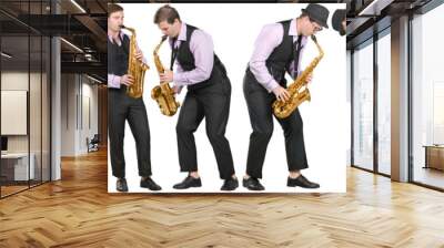 Full length profile shot of a  man playing a saxophone isolated on white background collage Wall mural