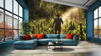 Gardener Watering Vegetable Crops in Lush Green Farm During Golden Hour Wall mural