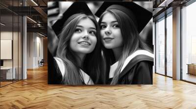 Graduation day celebration of two friends taking a selfie in their caps and gowns inside the auditorium during the ceremony Wall mural