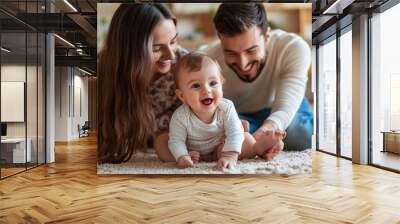 Happy family moment with infant playing on carpet in a cozy living room during daytime Wall mural