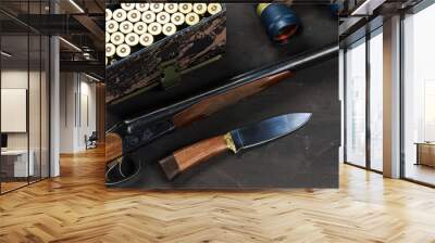 Hunting rifle and cartridges on dark wooden background Wall mural