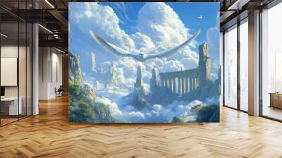 Majestic white bird flying over ancient ruins amidst fluffy clouds and blue skies, revealing a tranquil and dreamlike landscape Wall mural