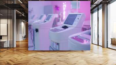 Modern beauty salon interior showcasing advanced skin treatment machines in vibrant lighting Wall mural