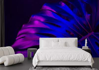 Monstera leaf in blue neon light close up. Creative photo Wall mural