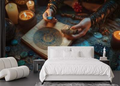 Mystical table arrangement with candles, gemstones, and ancient symbols during a late night ritual Wall mural