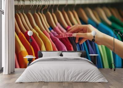 Person organizing colorful shirts in a retail store during the day, showcasing various hues and styles for customers to browse Wall mural