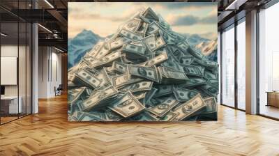 Pile of cash against a mountain backdrop during sunset Wall mural