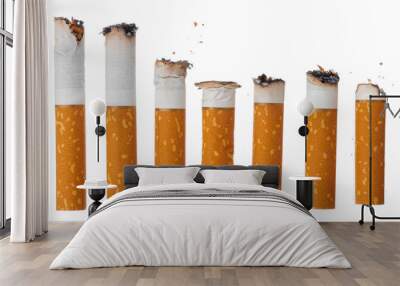 Pile of extinguished cigarette butts isolated on white Wall mural