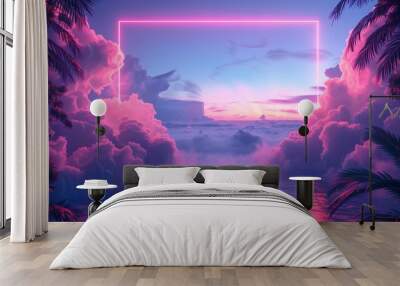 Pink Neon Frame in the Clouds copy space Wall mural