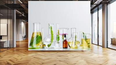 Plants in laboratory glassware. Skincare products and drugs chemical researches concept Wall mural