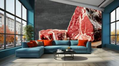 Raw T-bone steak cooking on stone table. Wall mural