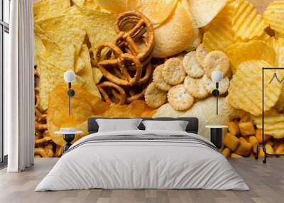 Salty snacks. Pretzels, chips, crackers Wall mural