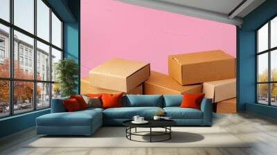 Set of cardboard boxes on pink background Wall mural