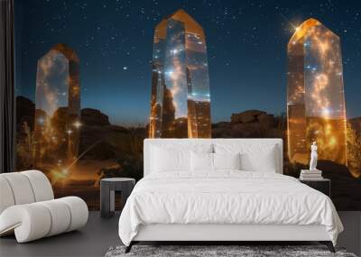 Three Crystal Pillars Under a Starry Night Sky in the Desert Wall mural