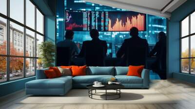 Traders analyzing financial data during nighttime at a modern office in a bustling city Wall mural