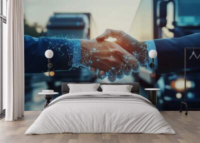 Two business professionals shake hands with a digital overlay representing technology and logistics during twilight near a highway with trucks Wall mural