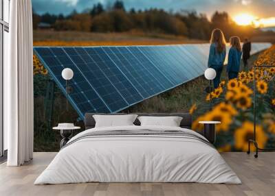 Two girls observing solar panels in a sunflower field during sunset in a rural area Wall mural