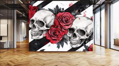 Two ornate skulls intertwined with red roses against a bold diagonal striped background in a striking artistic design Wall mural