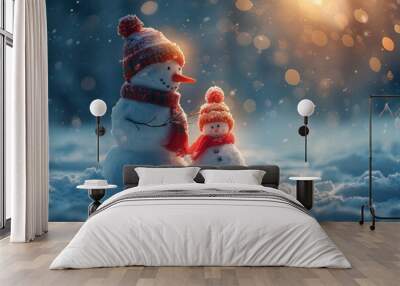 Two Snowmen Standing in Snowy Forest During Sunset Wall mural