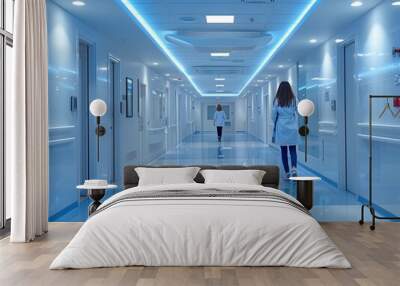 Two Women Walking in Modern Hospital Corridor With Blue Lighting Wall mural