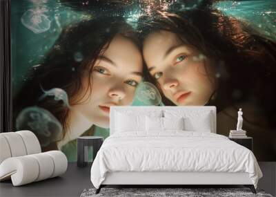 Two young women submerged in water surrounded by jellyfish in a serene underwater environment, capturing a tranquil moment of connection Wall mural